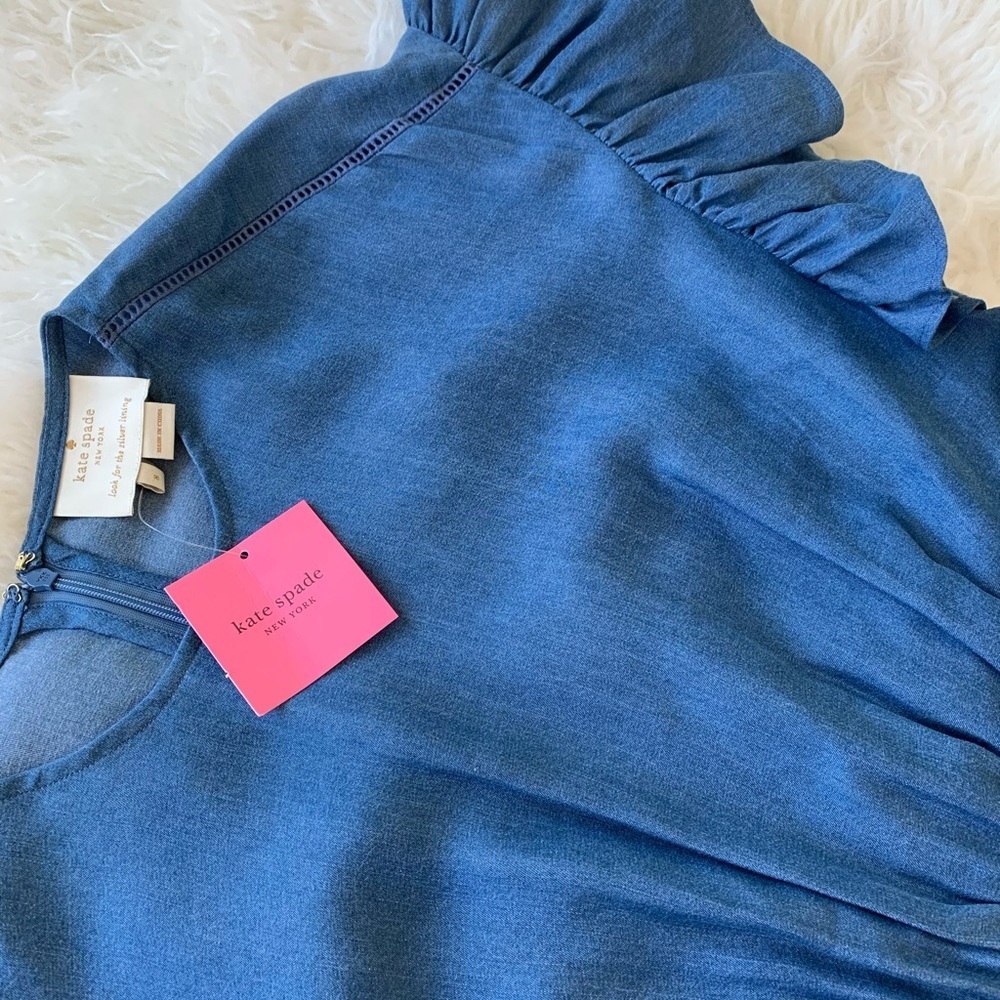 NEW KATE SPADE Chambray Fluffer Sleeve Ruffle Hem Indigo Mini Dress size 8 - Picture 13 of 16